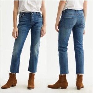 Nili Lotan Boyfriend Size 28 Cropped Raw Hem Button Fly Straight Leg Blue Jeans